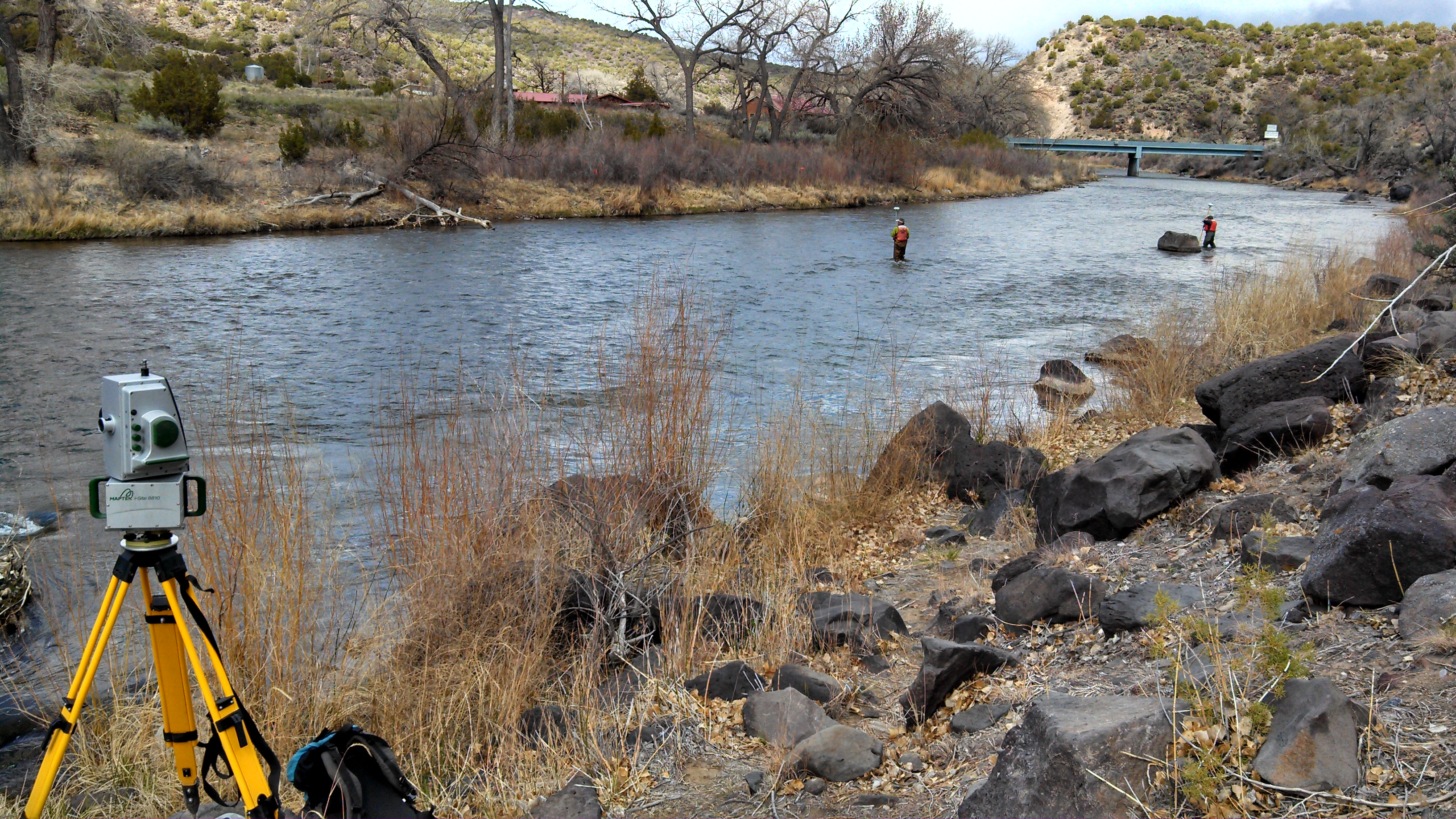 Surveying the Rio Grande River at Embudo, New Mexico.