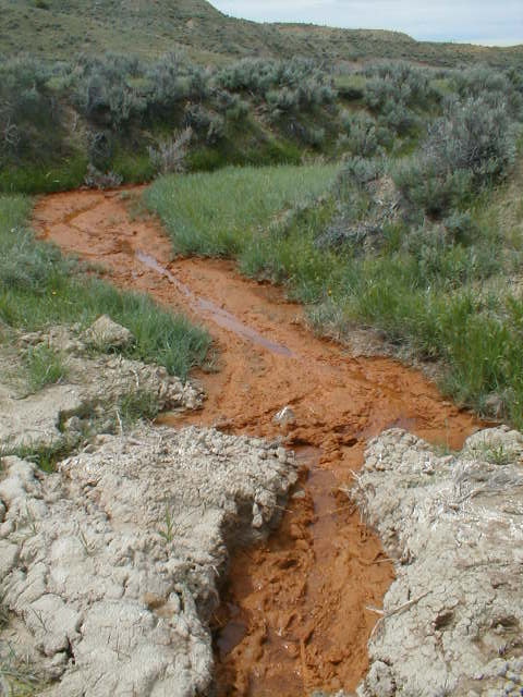 Photograph of iron stained creek channel, Burger Draw, Johnson County, WY, May 2002.