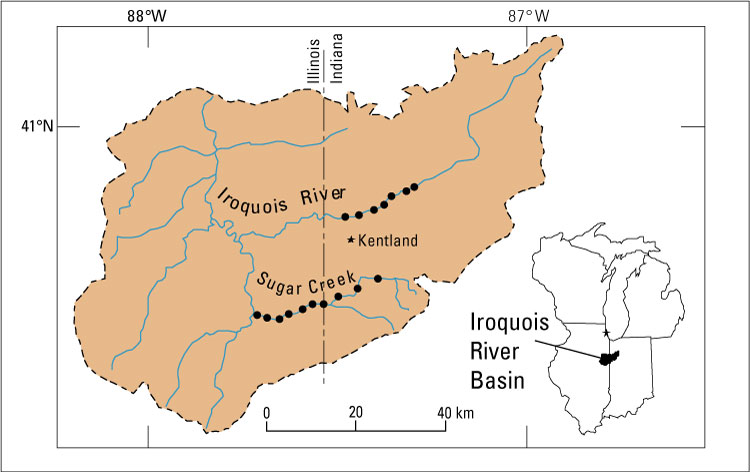 Map illustrating the locations of Sugar Creek and Iroquois River in Indiana and Illinois.