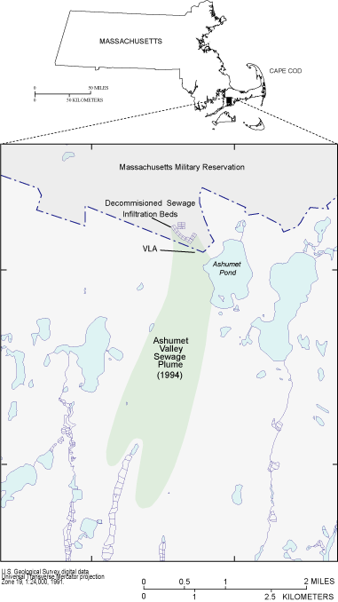 Map illustrating the extent of Ashumet Valley Sewage Plume south of Massachusetts Military Reservation.