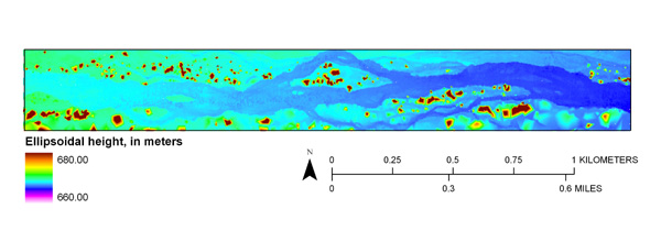 LiDAR surface of a reach of the Platte River passing through the Cottonwood Ranch Property collected 3/2002 before habitat development activities (trees are colored red).