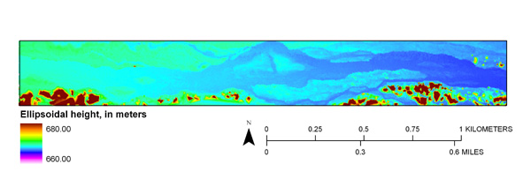 LiDAR surface of a reach of the Platte River passing through the Cottonwood Ranch Property collected 6/2005 following the habitat development activities (trees are colored red).